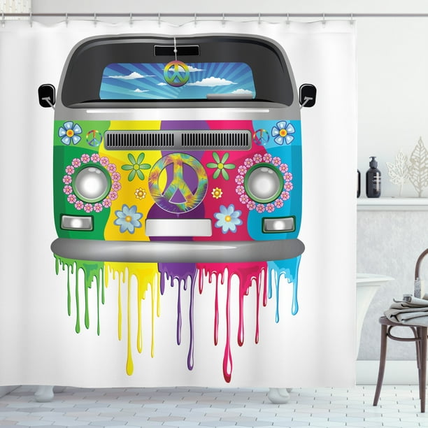 Hippie Bus Happy Camper Girl Dog RV Travel Freedom Peace Sign Sign Wall Clock